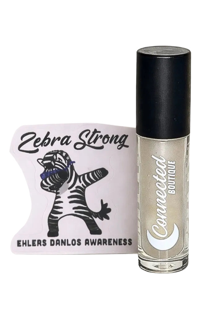 Connected for a Cause Clear Lip Oil with EDS stickers benefits fundraiser for Ehlers Danlos Society