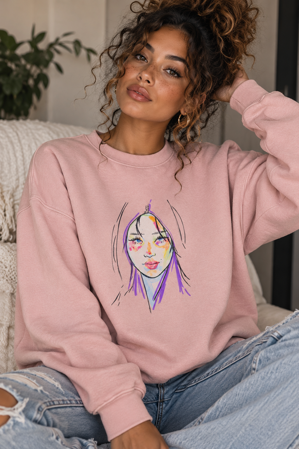 Pink crewneck sweatshirt with original artwork