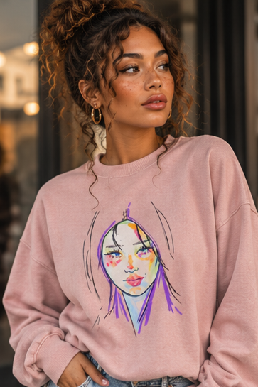 Pink crewneck sweatshirt with original artwork
