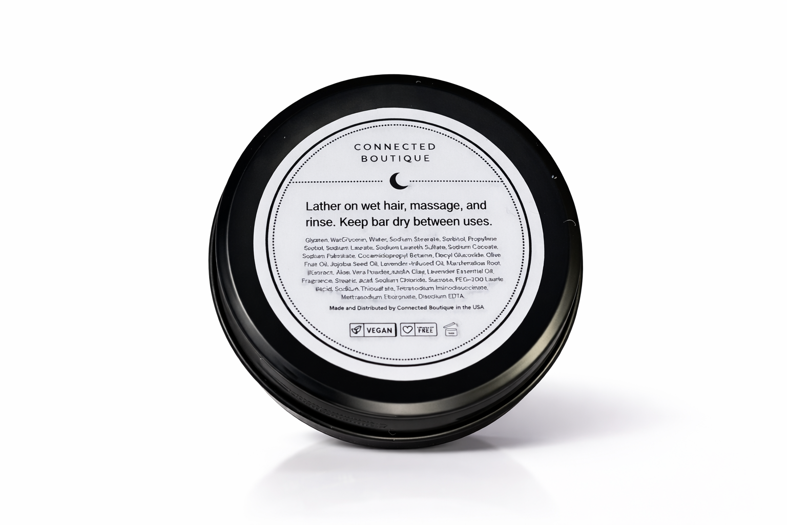 Black container with a label on a white background