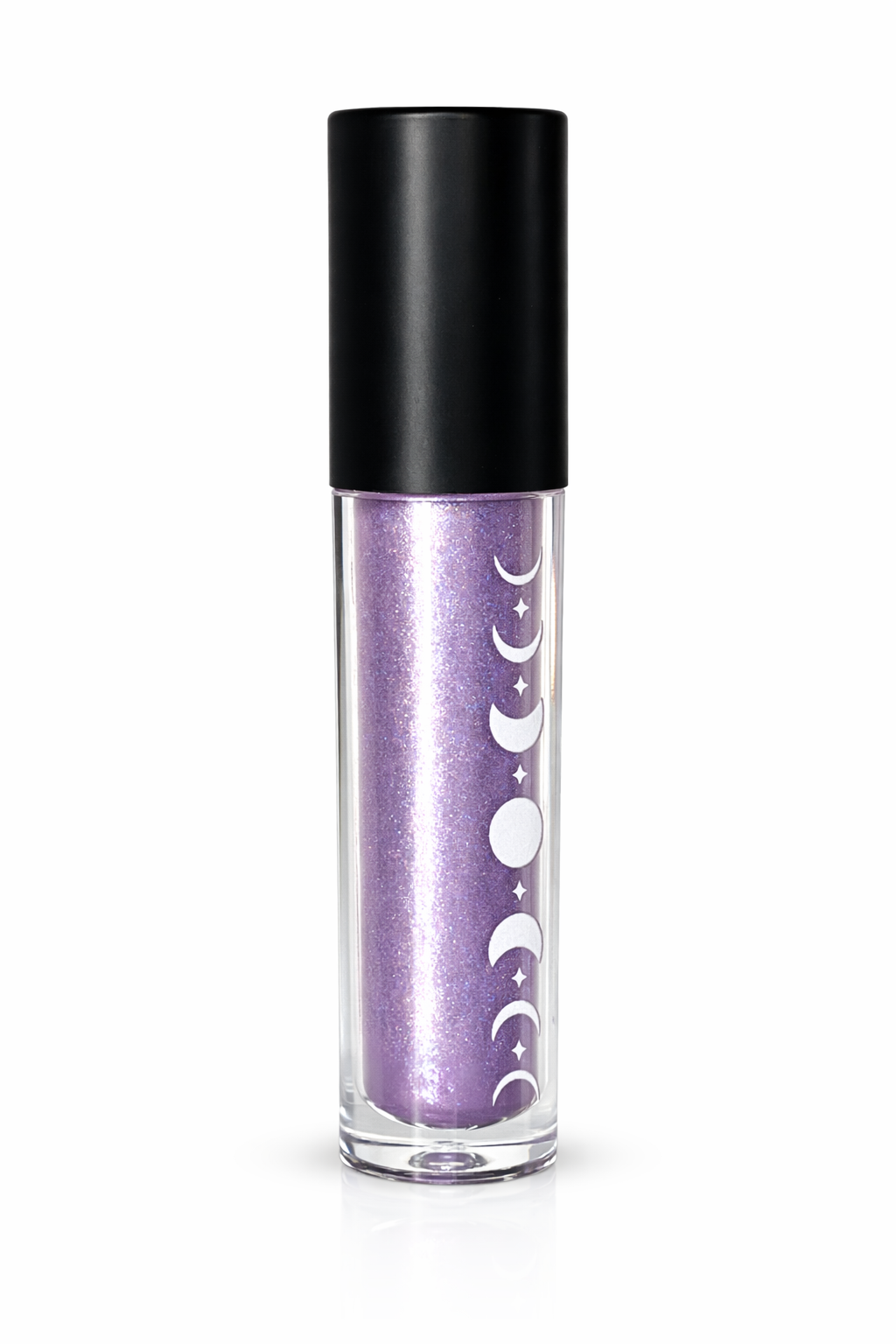 Purple glittery lipstick with black cap on a white background