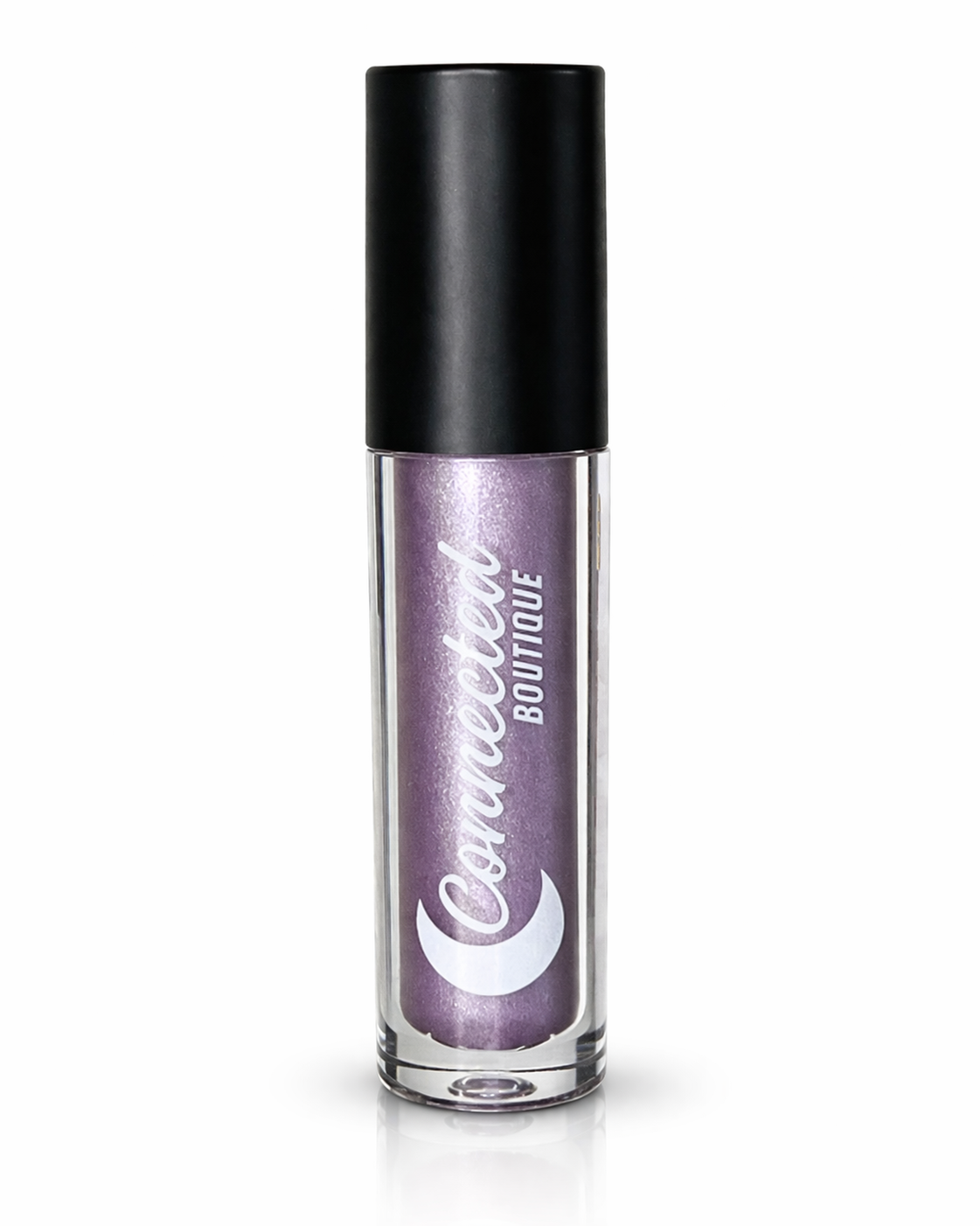 Metallic lipstick with black cap and purple body on a white background