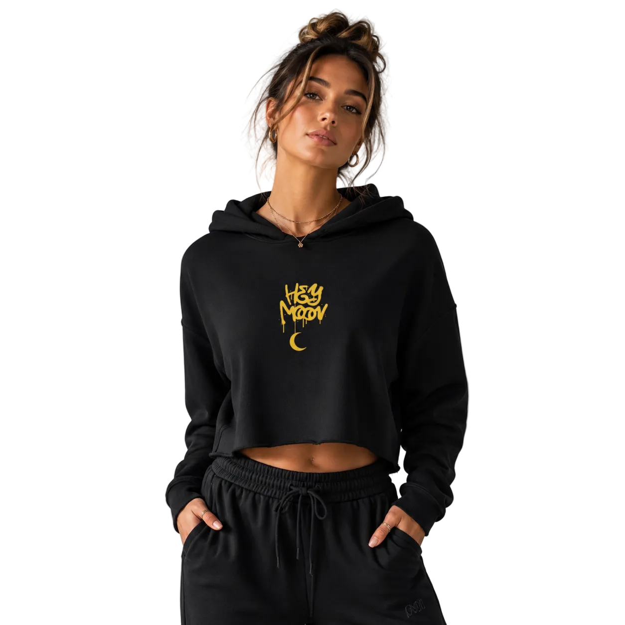 Hey Moon Embroidered Cropped Hoodie – Celestial Graphic Hoodie