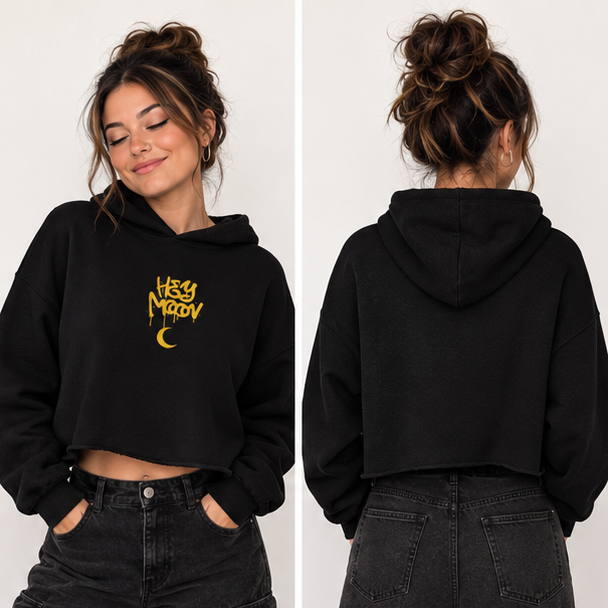Hey Moon Embroidered Cropped Hoodie – Celestial Graphic Hoodie