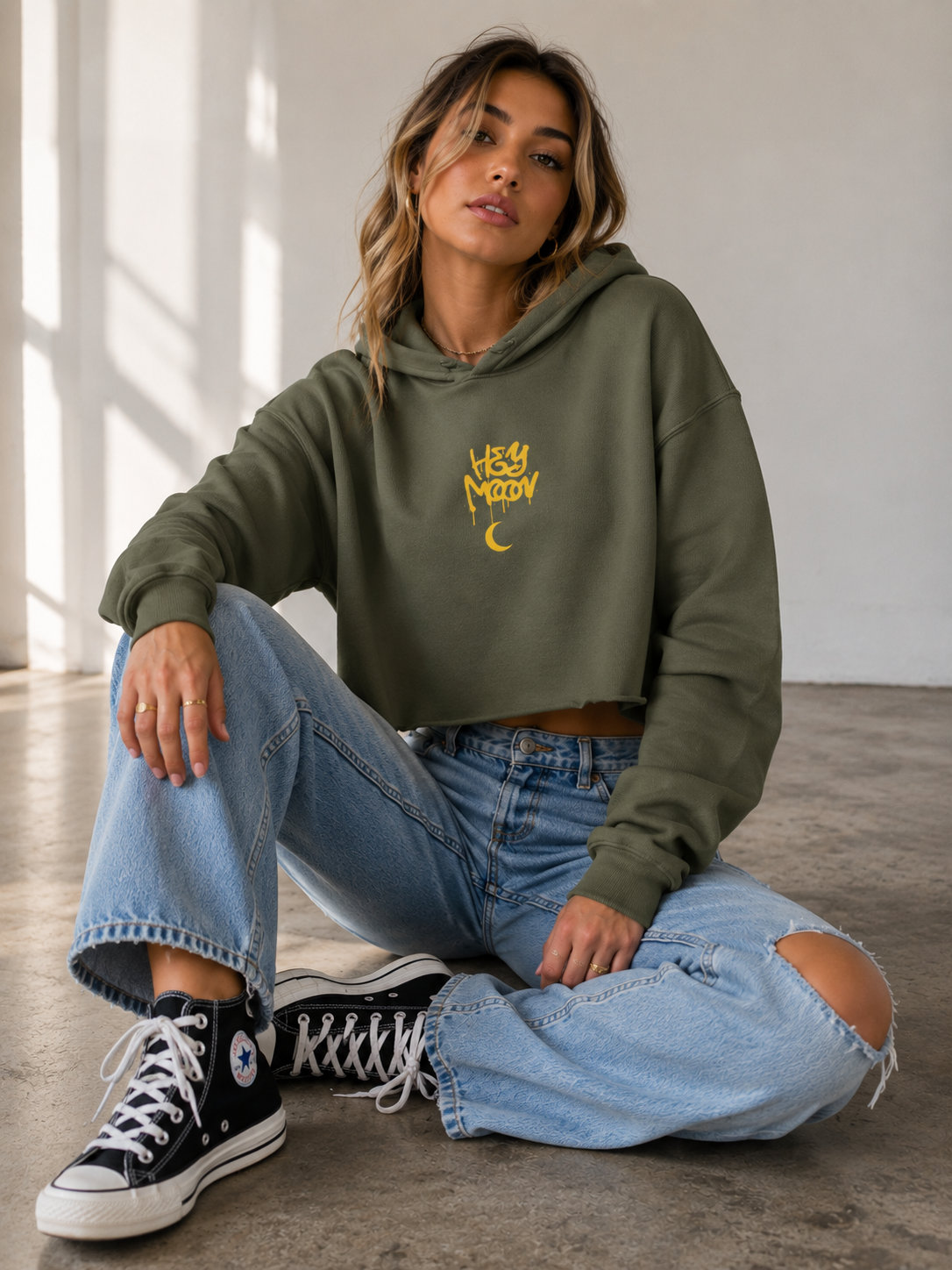 Hey Moon Embroidered Cropped Hoodie – Celestial Graphic Hoodie