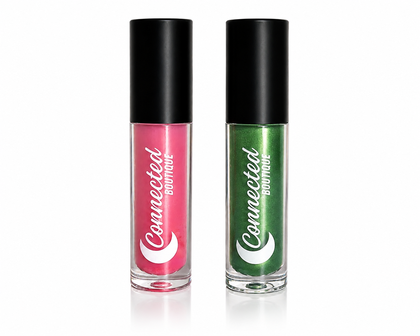 Two lip gloss bottles, one pink and one green, with black caps on a white background.