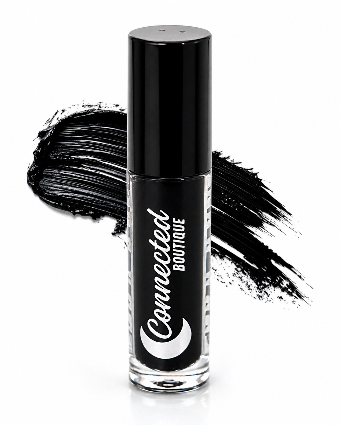 Black lipstick tube on white background with luxury cosmetic packaging, high-shine design, and sleek modern beauty product photography for makeup branding.