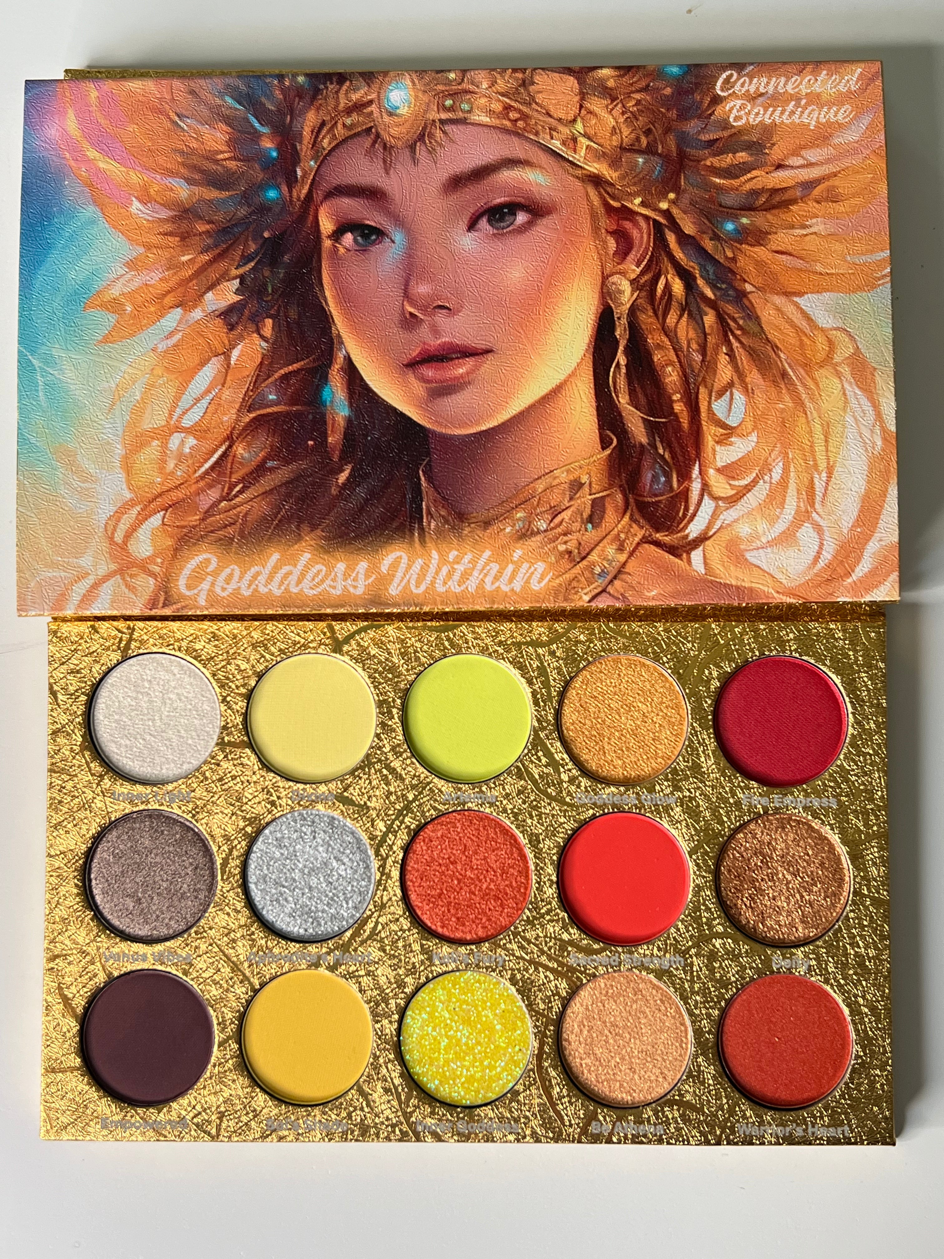 “Goddess Within” 15 shade eyeshadow palette Yellow Red Brown Glitter