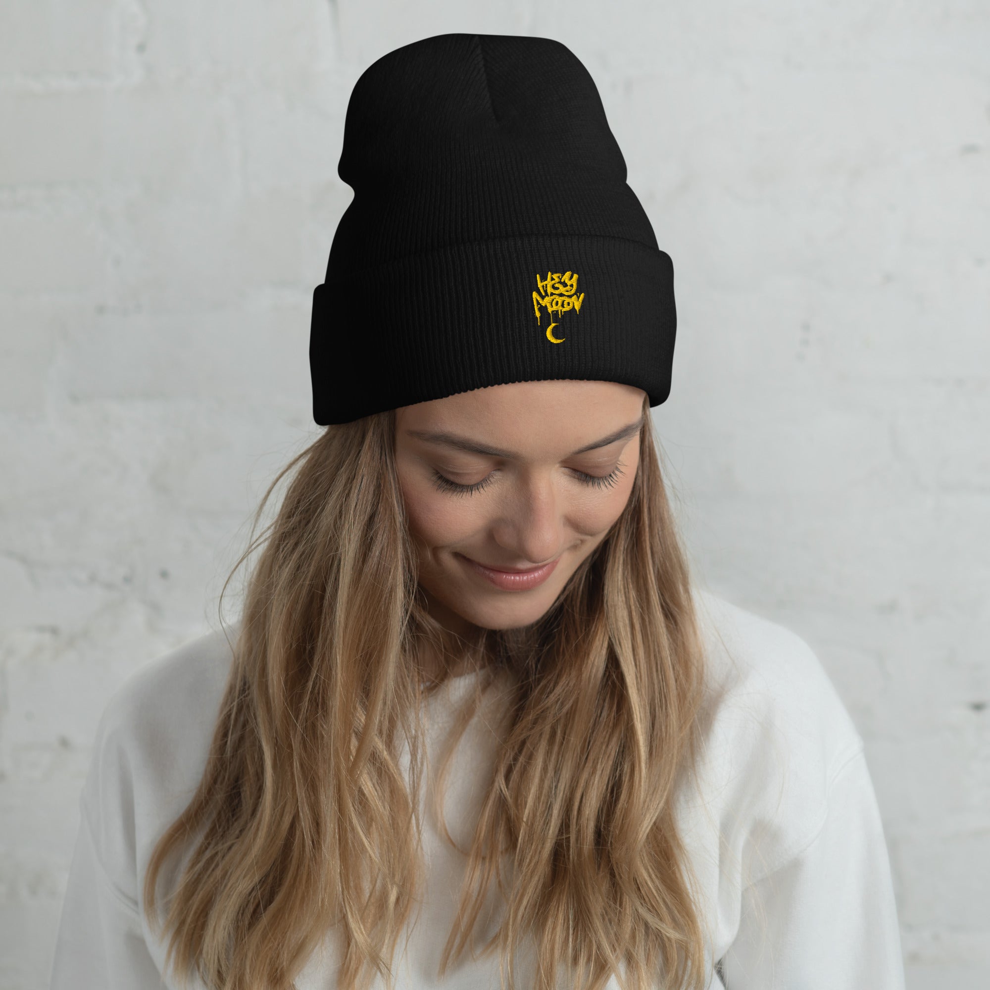 Hey Moon Embroidered Cuffed Beanie