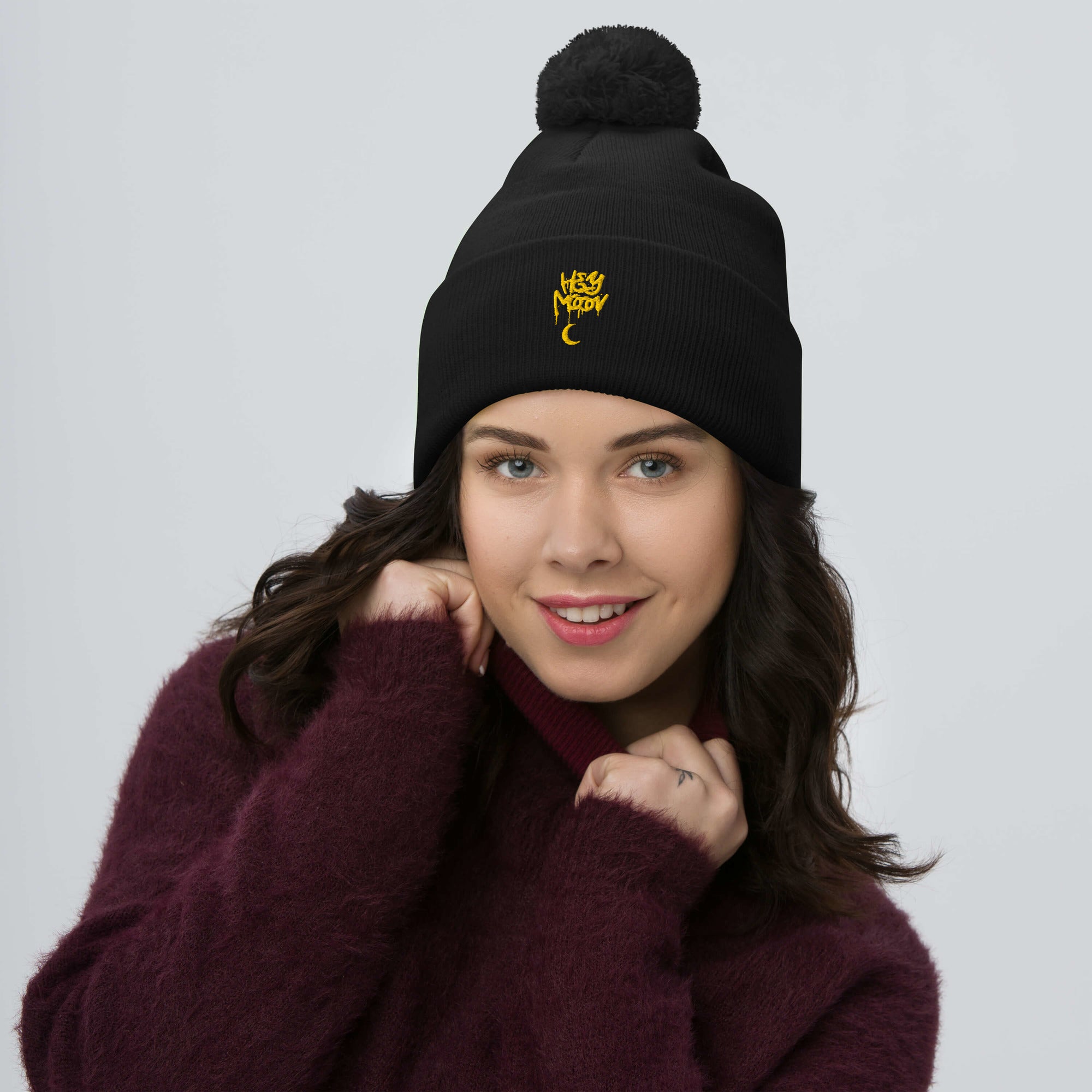 Hey Moon Embroidered Pom-Pom Beanie