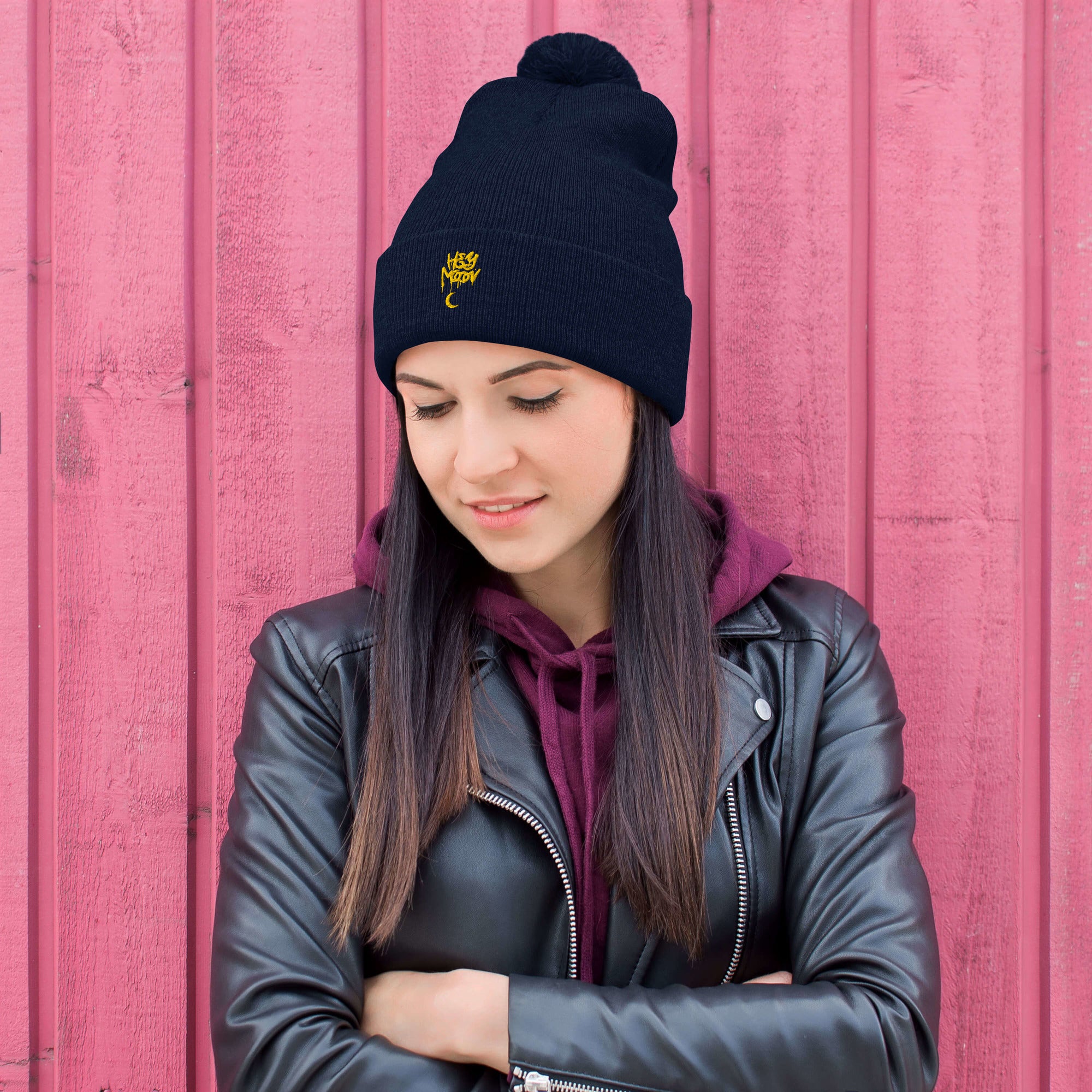 Hey Moon Embroidered Pom-Pom Beanie