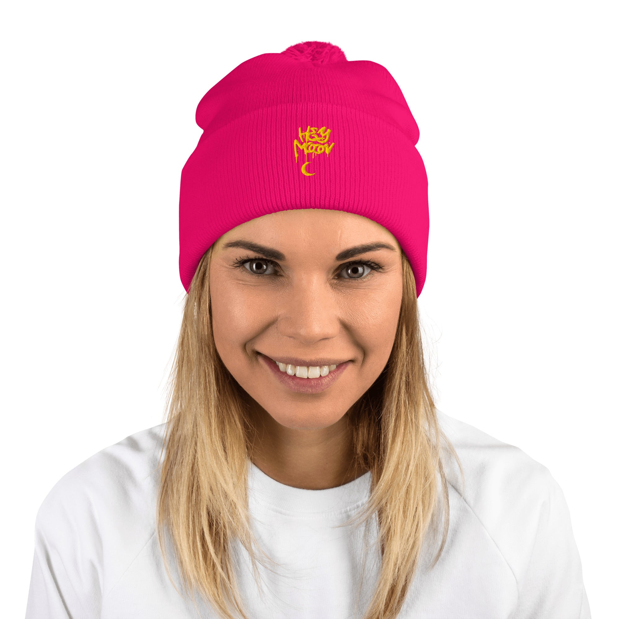 Hey Moon Embroidered Pom-Pom Beanie