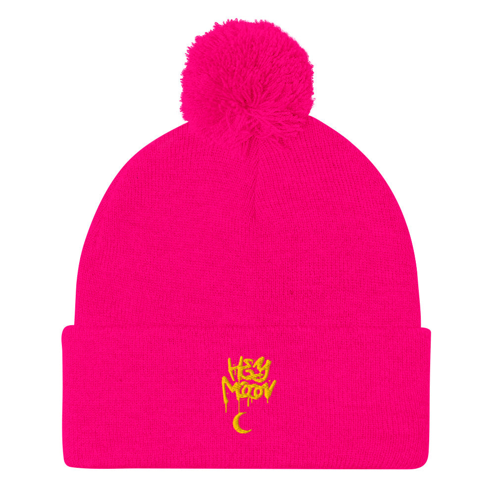 Hey Moon Embroidered Pom-Pom Beanie